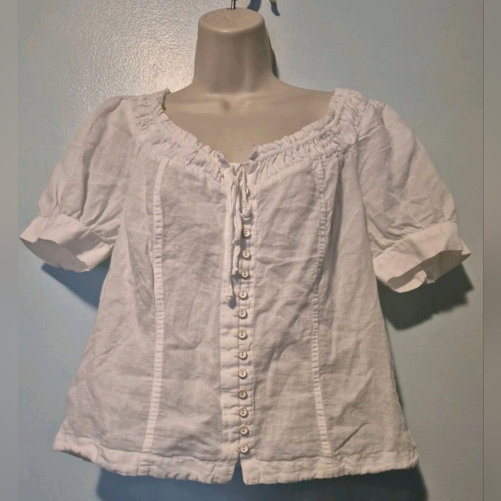 Anthropologie White Button-Front Linen Peasant Blouse